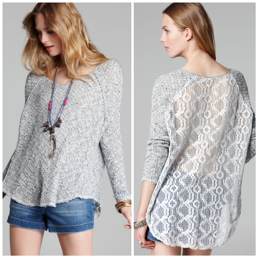 Free People Blue Knit Raw Hem Lace Back Sweater